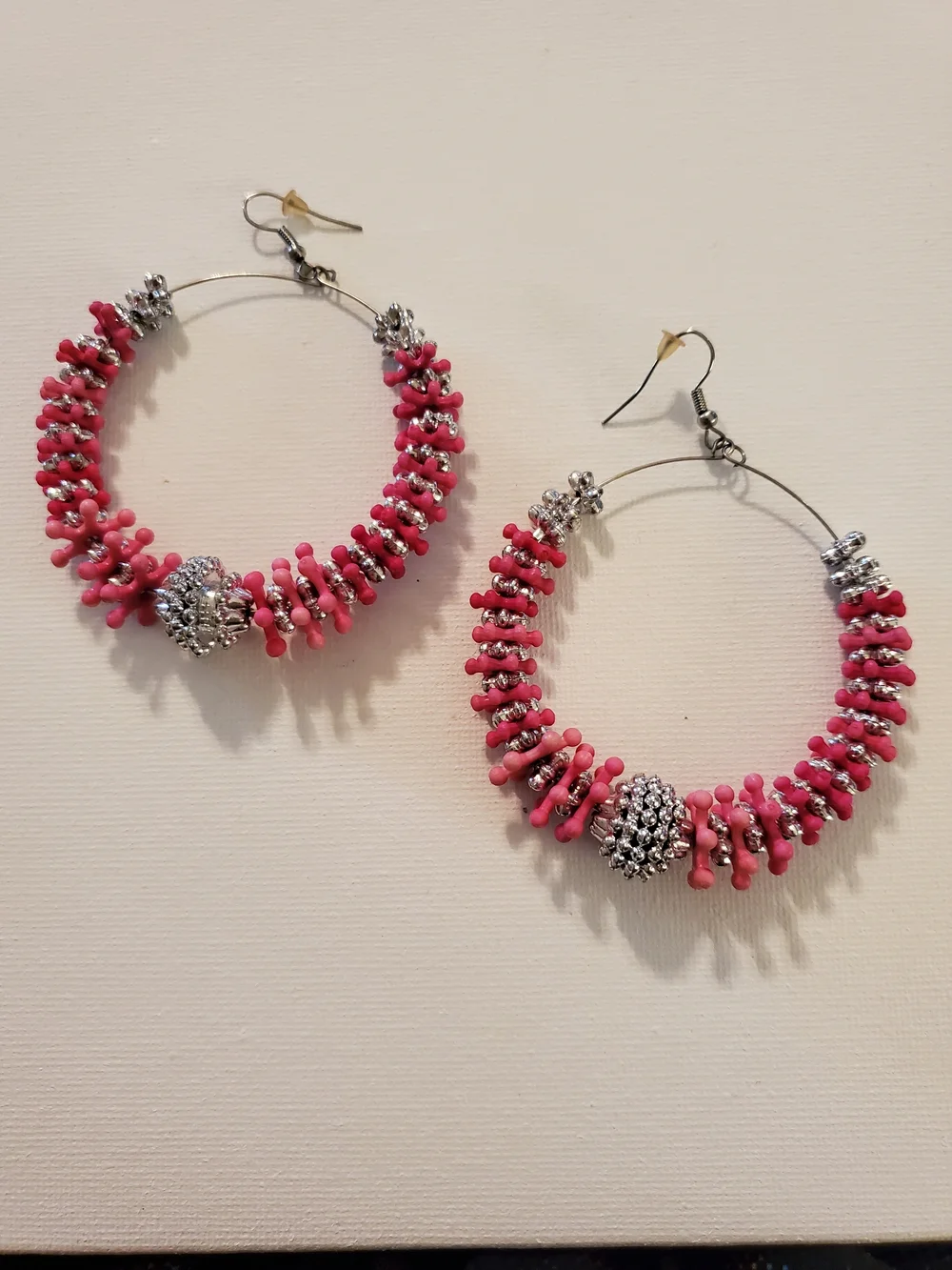 Pink Beaded Hoop Earrings with Silver Accents -‎ Women Jewelry